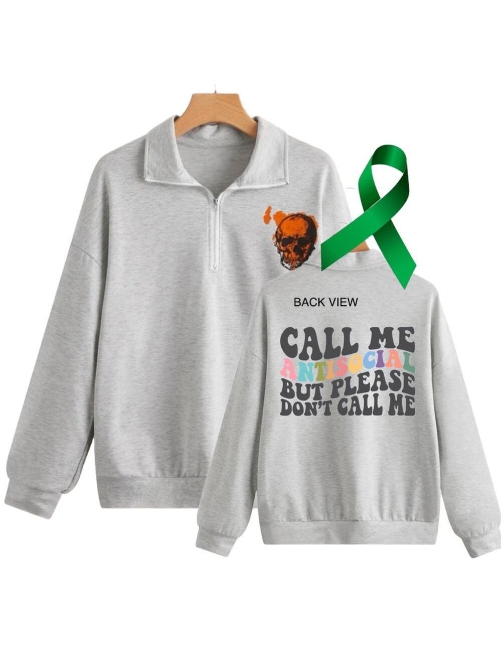 Antisocial mental health graphic quarter zip raglan pullover sweatshirt small